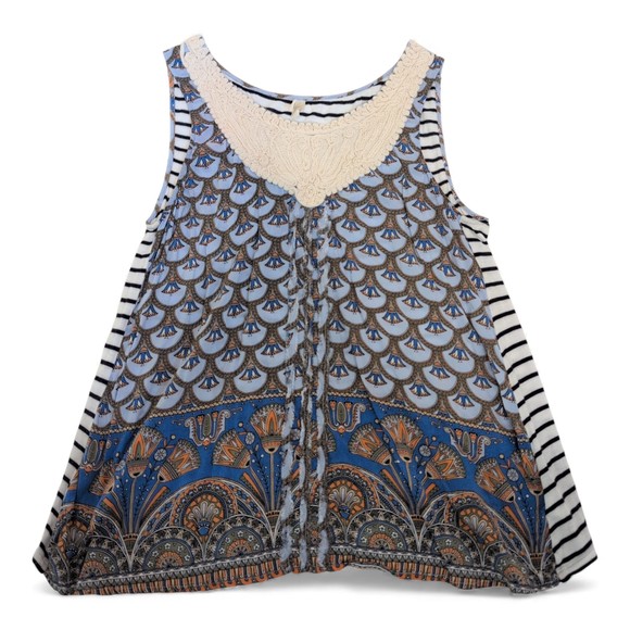 Tiny Tops - Tiny Boho Mixed-Print Crochet Yoke Tank Blouse S